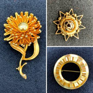 3 pc vintage gold tone costume jewelry brooch pin lot